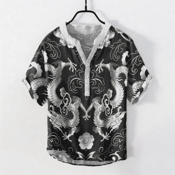 Buddha Stones Camicia da uomo a maniche corte con mezzo bottone e emblema Drago Nuvola in cotone - Grigio scuro - US/UK/AU50, EU60 (5XL) - image 7