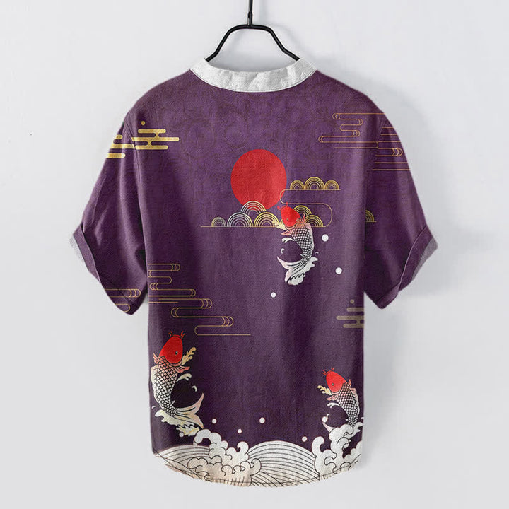 Buddha Stones Camicia da uomo a maniche corte con bottoni a metà, in cotone, con emblema di pesci koi, sole e nuvole rosse. - image 6