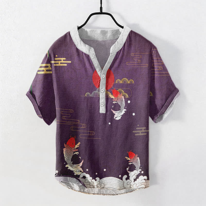 Buddha Stones Camicia da uomo a maniche corte con bottoni a metà, in cotone, con emblema di pesci koi, sole e nuvole rosse. - Orchidea scura - US/UK/AU50, EU60 (5XL) - image 5
