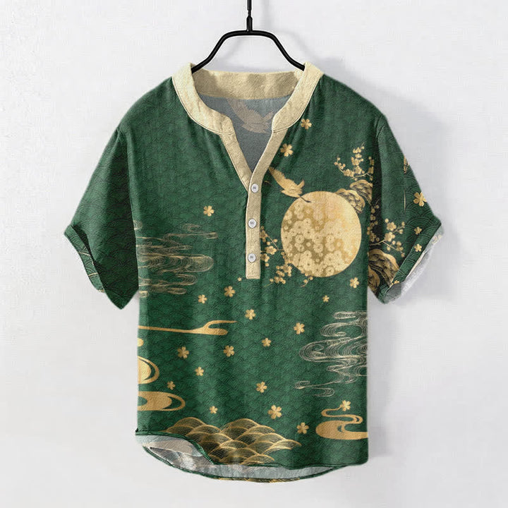 Buddha Stones Camicia da uomo a maniche corte con bottoni a metà, in cotone, con emblema di gru e fiori di pruno e luna piena. - Verde scuro - US/UK/AU50, EU60 (5XL) - image 7
