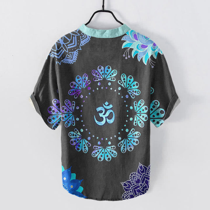 Buddha Stones Camicia da uomo a maniche corte con bottoni a metà, in cotone, con emblema Om Lotus Mandala e pavone. - image 6