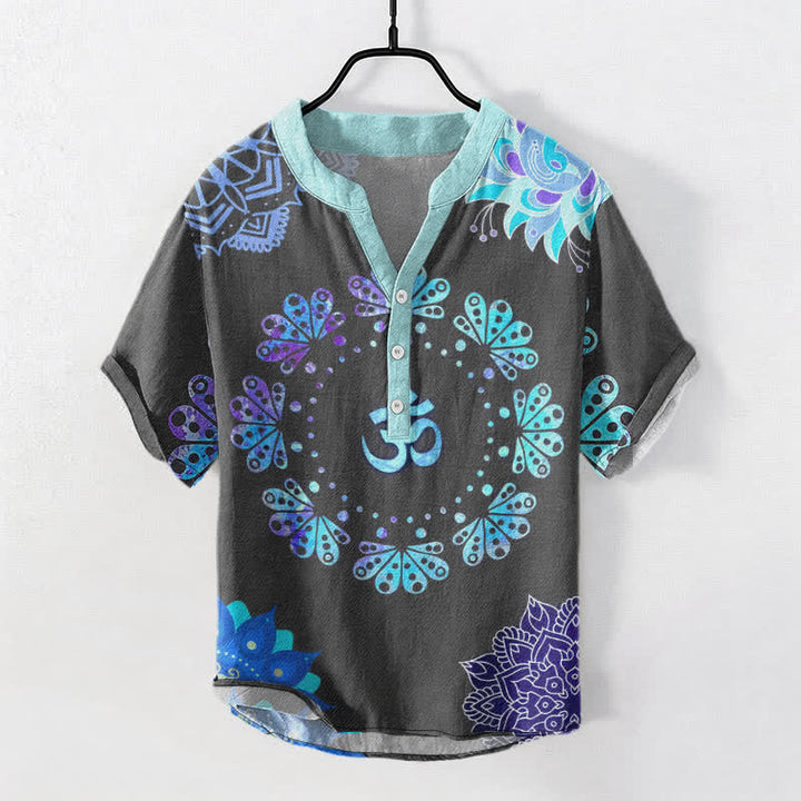 Buddha Stones Camicia da uomo a maniche corte con bottoni a metà, in cotone, con emblema Om Lotus Mandala e pavone. - Grigio tenue - US/UK/AU50, EU60 (5XL) - image 5
