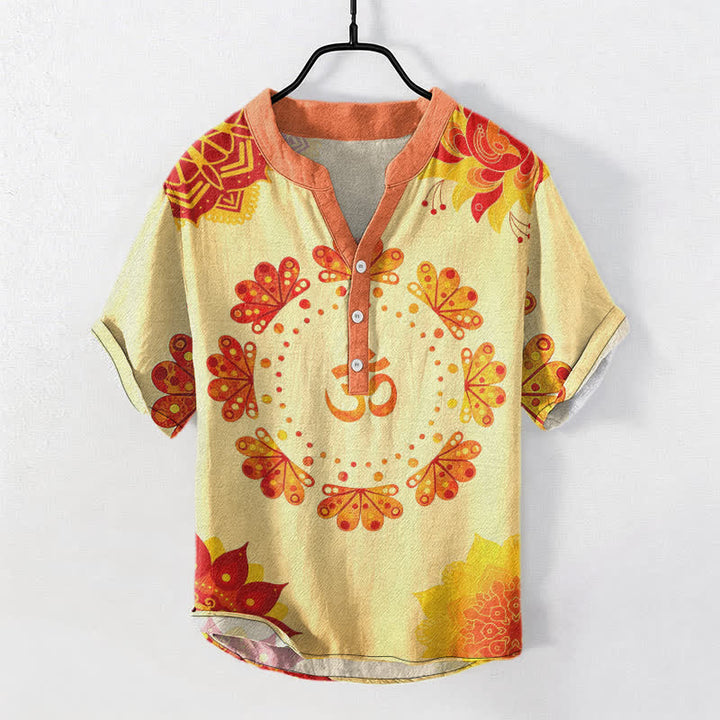 Buddha Stones Camicia da uomo a maniche corte con bottoni a metà, in cotone, con emblema Om Lotus Mandala e pavone. - Giallo chiaro verga d'oro - US/UK/AU50, EU60 (5XL) - image 7