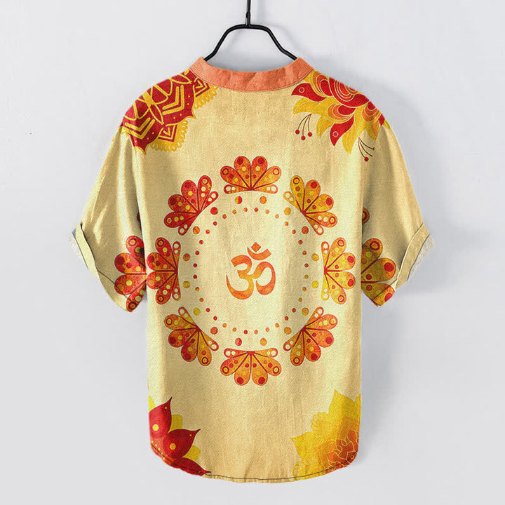 Buddha Stones Camicia da uomo a maniche corte con bottoni a metà, in cotone, con emblema Om Lotus Mandala e pavone. - image 8