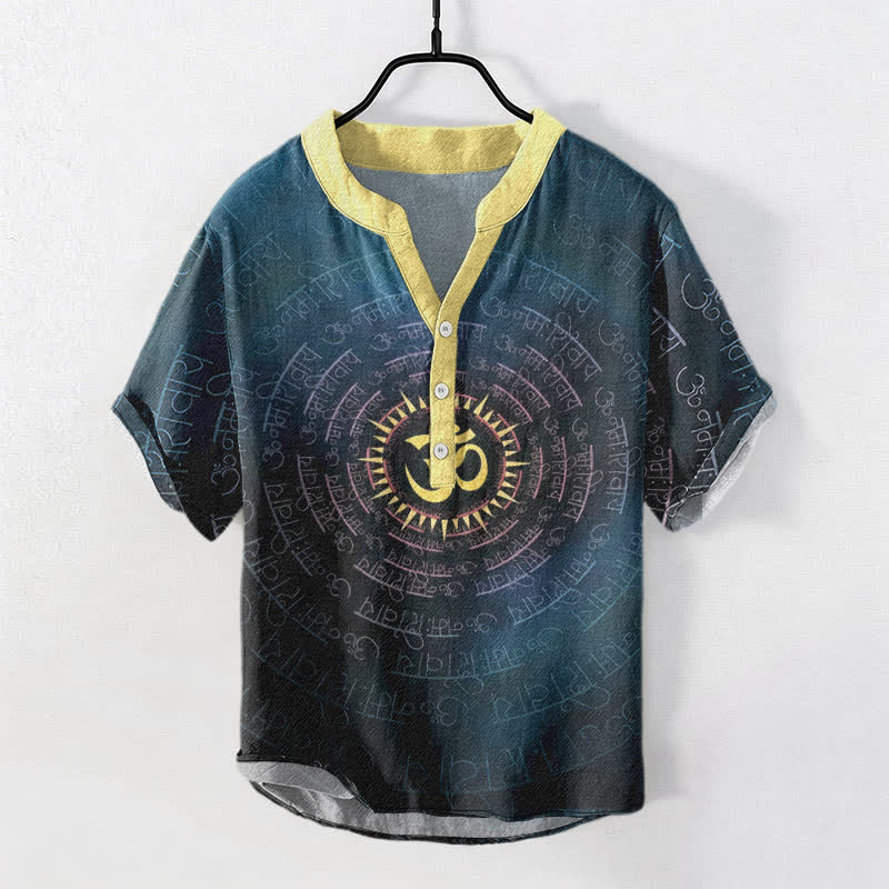 Buddha Stones Camicia da uomo a maniche corte con bottoni a metà, in cotone, con emblema del mantra Om. - Verde acqua - US/UK/AU50, EU60 (5XL) - image 0