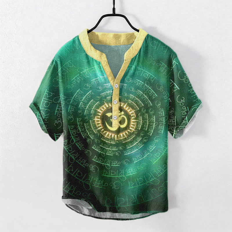 Buddha Stones Camicia da uomo a maniche corte con bottoni a metà, in cotone, con emblema del mantra Om. - Verde medio del mare - US/UK/AU50, EU60 (5XL) - image 5