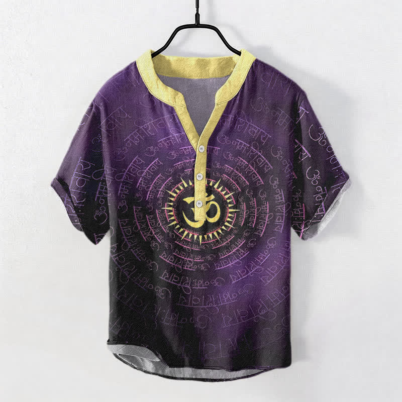 Buddha Stones Camicia da uomo a maniche corte con bottoni a metà, in cotone, con emblema del mantra Om. - Viola scuro - US/UK/AU50, EU60 (5XL) - image 7