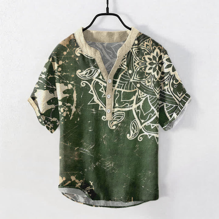 Buddha Stones Camicia da uomo a maniche corte con bottoni a metà, in cotone, con emblema mandala di loto. - Verde scuro - US/UK/AU50, EU60 (5XL) - image 0