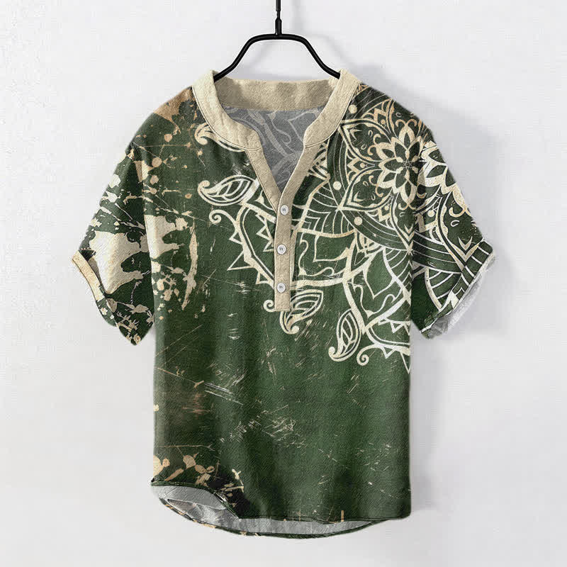 Buddha Stones Camicia da uomo a maniche corte con bottoni a metà, in cotone, con emblema mandala di loto. - Verde scuro - US/UK/AU50, EU60 (5XL) - image 0