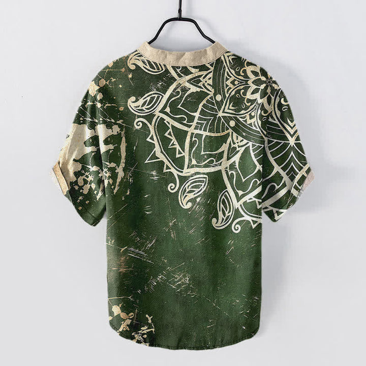 Buddha Stones Camicia da uomo a maniche corte con bottoni a metà, in cotone, con emblema mandala di loto. - image 1