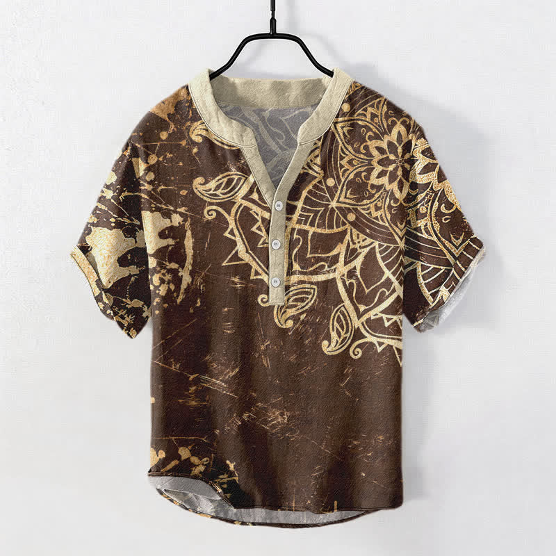 Buddha Stones Camicia da uomo a maniche corte con bottoni a metà, in cotone, con emblema mandala di loto. - Marrone sella - US/UK/AU50, EU60 (5XL) - image 5