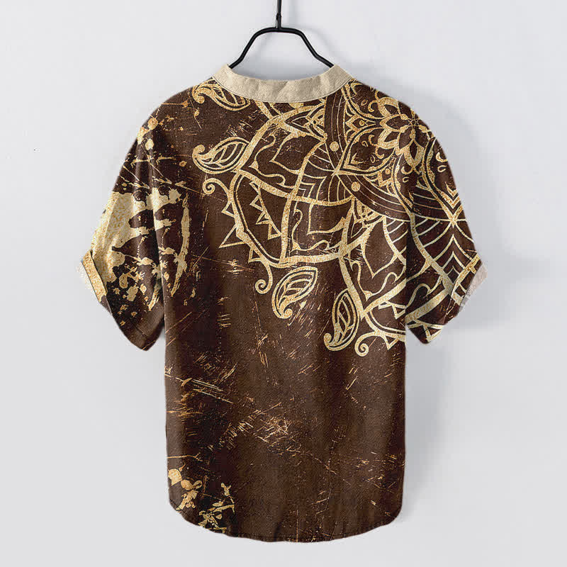 Buddha Stones Camicia da uomo a maniche corte con bottoni a metà, in cotone, con emblema mandala di loto. - image 6