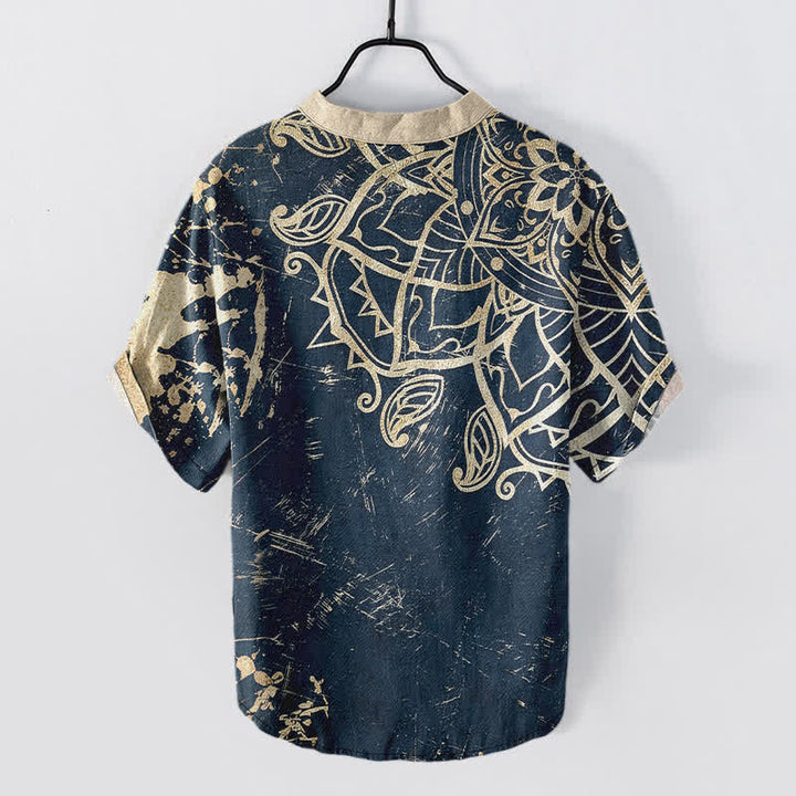 Buddha Stones Camicia da uomo a maniche corte con bottoni a metà, in cotone, con emblema mandala di loto. - image 8