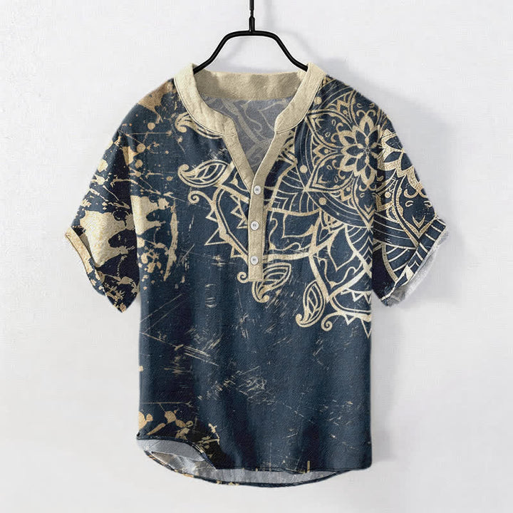 Buddha Stones Camicia da uomo a maniche corte con bottoni a metà, in cotone, con emblema mandala di loto. - SteelBlue - US/UK/AU50, EU60 (5XL) - image 7