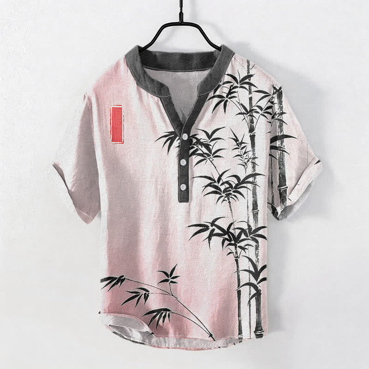 Buddha Stones Camicia da uomo a maniche corte con mezzo bottone in cotone e bambù con emblema - Rosa chiaro - US/UK/AU50, EU60 (5XL) - image 5