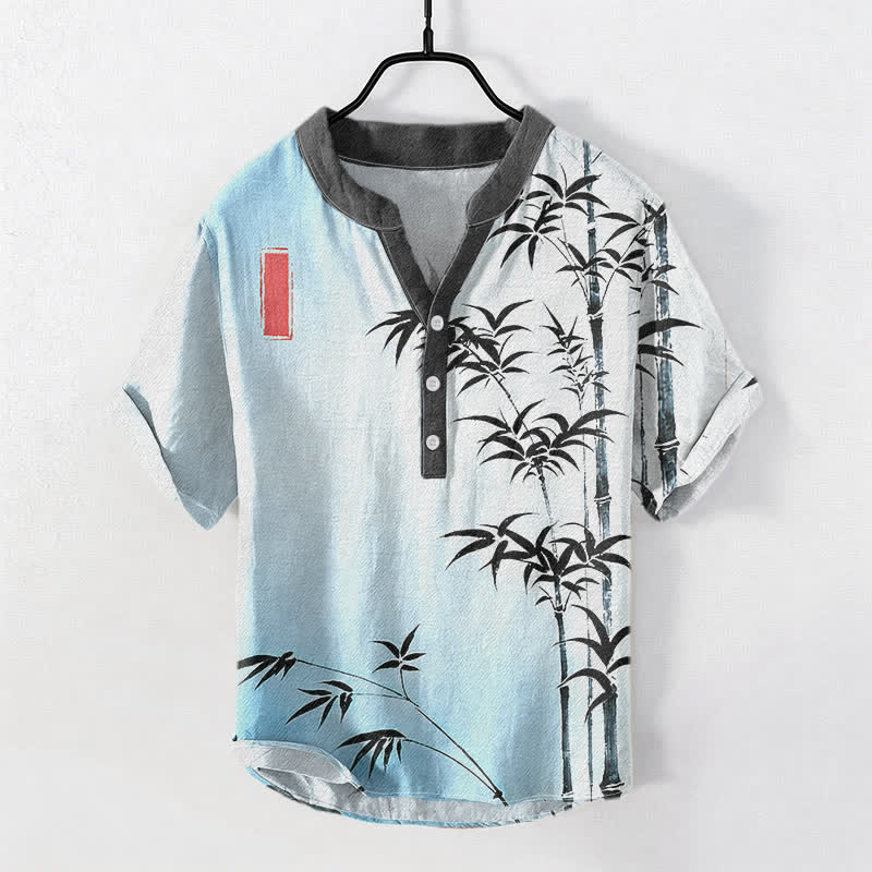Buddha Stones Camicia da uomo a maniche corte con mezzo bottone in cotone e bambù con emblema - Azzurro chiaro - US/UK/AU50, EU60 (5XL) - image 3