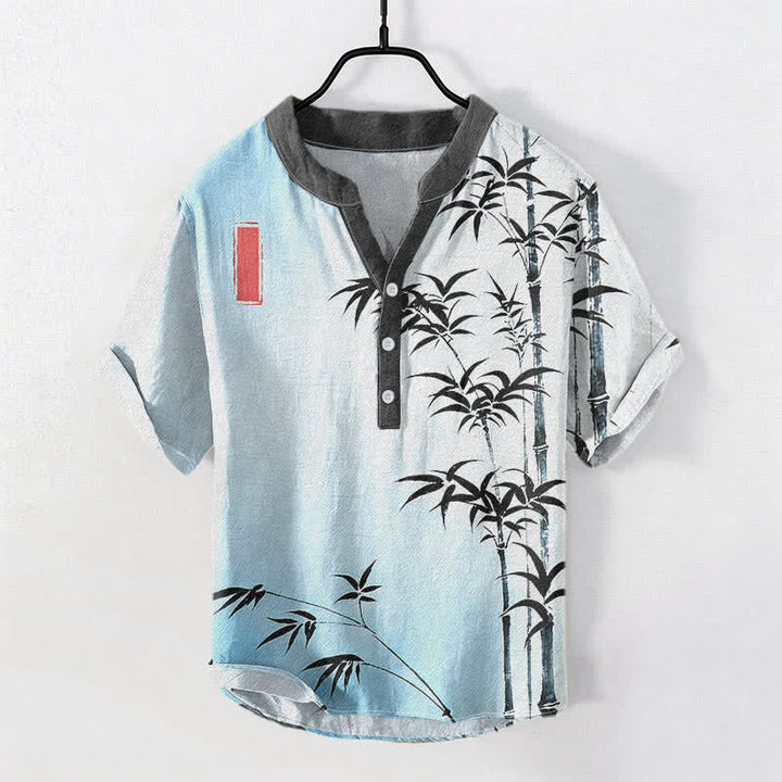 Buddha Stones Camicia da uomo a maniche corte con mezzo bottone in cotone e bambù con emblema - Azzurro chiaro - US/UK/AU50, EU60 (5XL) - image 3