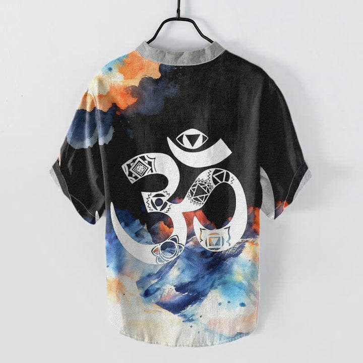 Buddha Stones Camicia da uomo a maniche corte con bottoni a metà, in cotone, con emblema del chakra Om. - image 1