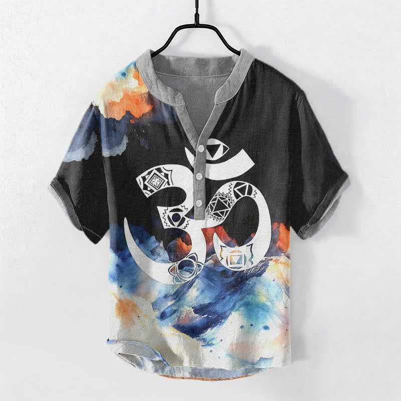 Buddha Stones Camicia da uomo a maniche corte con bottoni a metà, in cotone, con emblema del chakra Om. - Nero - US/UK/AU50, EU60 (5XL) - image 0