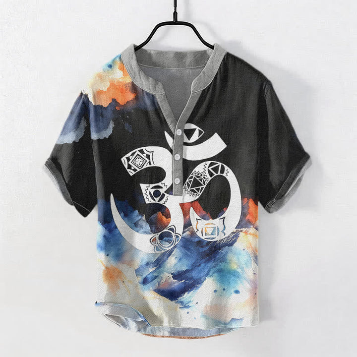 Buddha Stones Camicia da uomo a maniche corte con bottoni a metà, in cotone, con emblema del chakra Om. - Nero - US/UK/AU50, EU60 (5XL) - image 0