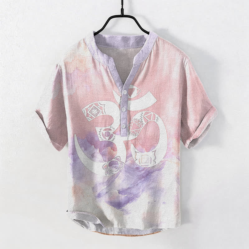 Buddha Stones Camicia da uomo a maniche corte con bottoni a metà, in cotone, con emblema del chakra Om. - Rosa chiaro - US/UK/AU50, EU60 (5XL) - image 5