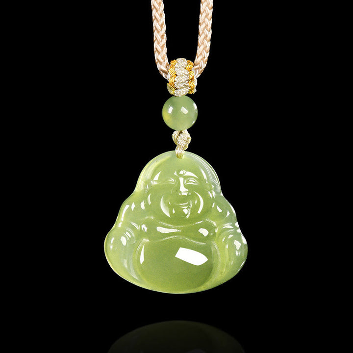 Buddha Stones Collana con ciondolo a forma di Buddha che ride in giada verde, portafortuna e corda. - Giada naturale (il colore può variare) - image 0