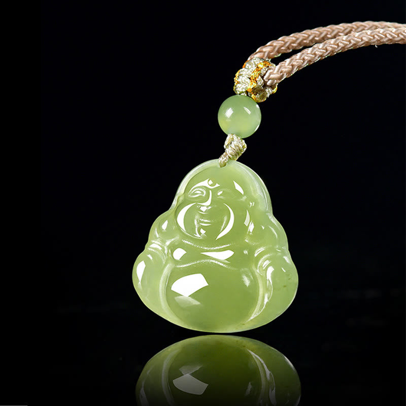 Buddha Stones Collana con ciondolo a forma di Buddha che ride in giada verde, portafortuna e corda. - image 1