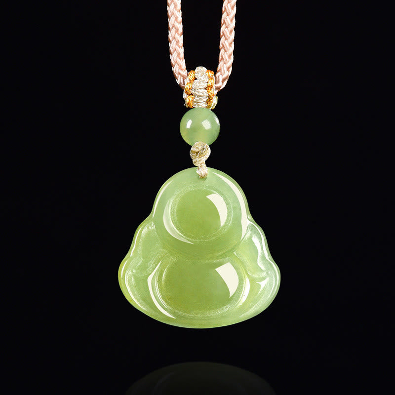 Buddha Stones Collana con ciondolo a forma di Buddha che ride in giada verde, portafortuna e corda. - image 3