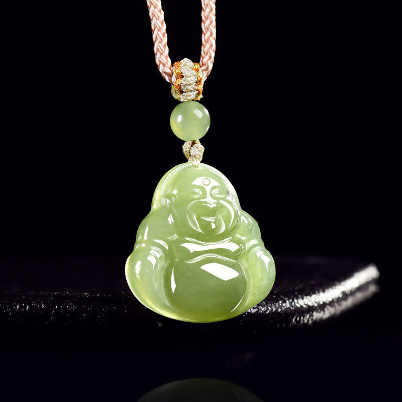 Buddha Stones Collana con ciondolo a forma di Buddha che ride in giada verde, portafortuna e corda. - image 2