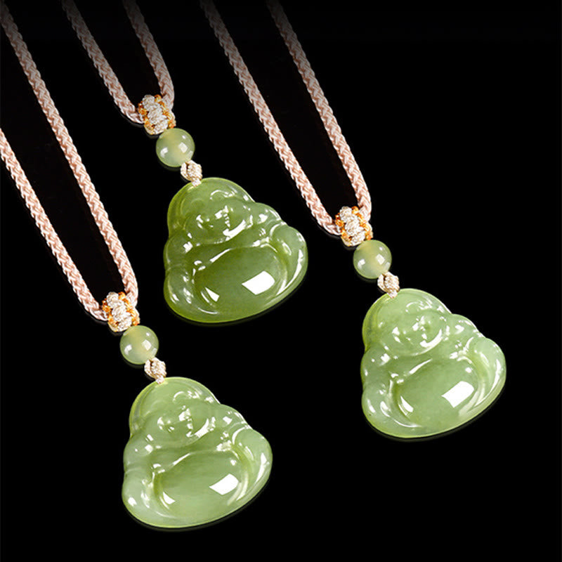 Buddha Stones Collana con ciondolo a forma di Buddha che ride in giada verde, portafortuna e corda. - image 4