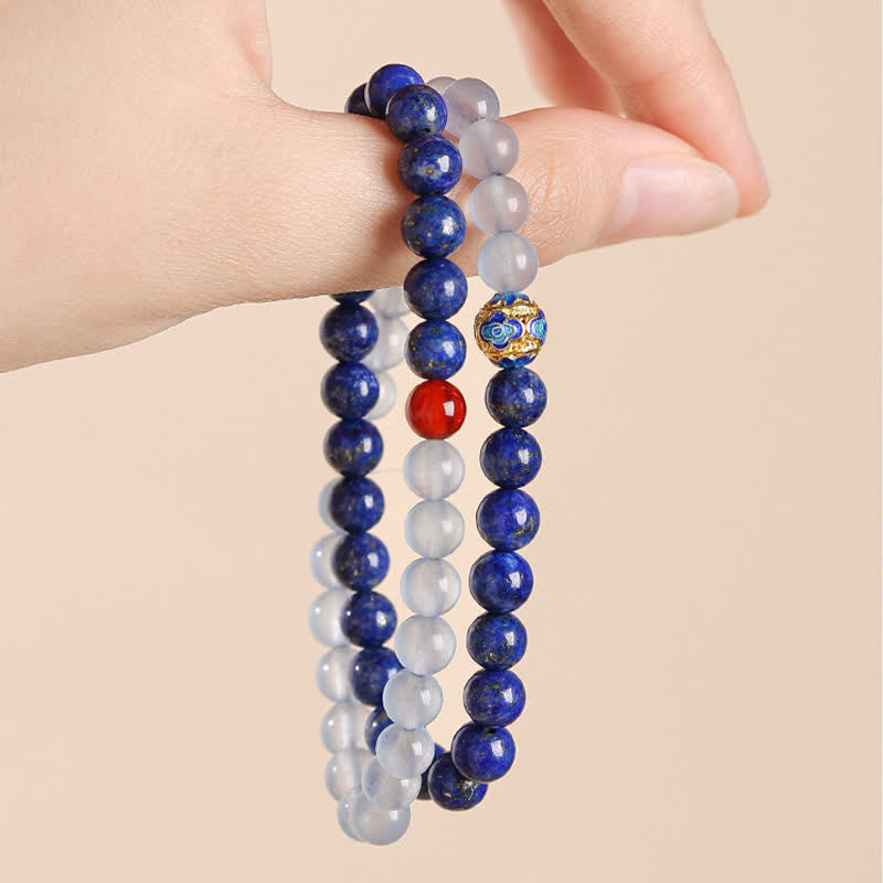 Buddha Stones Bracciale a doppio giro in lapislazzuli, acquamarina e agata rossa con design a equilibrio - image 3