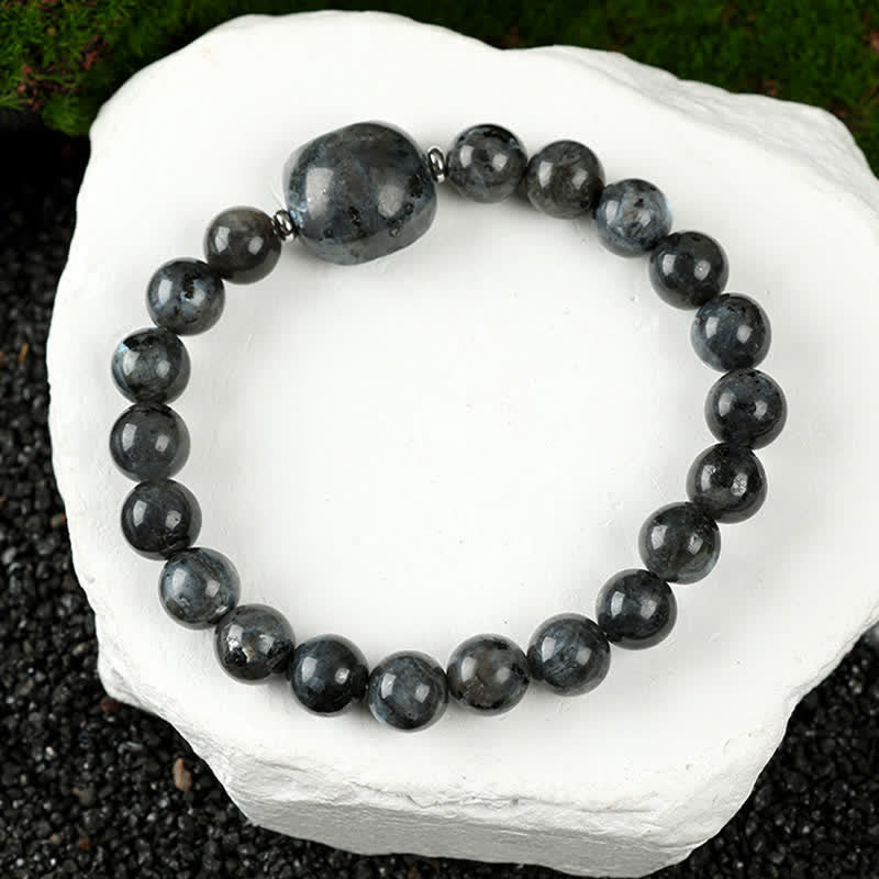 Buddha Stones Braccialetto con perline di agata blu e quarzo trasparente con grazioso design a forma di gatto - Pietra nera glitterata (circonferenza del polso 15-16 cm) - image 29