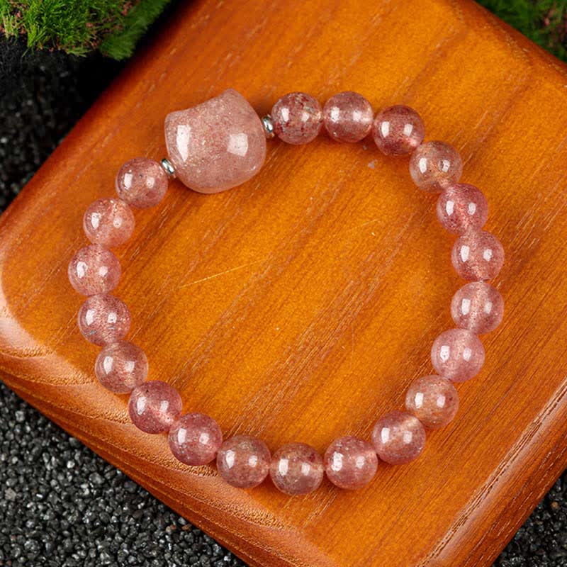 Buddha Stones Braccialetto con perline di agata blu e quarzo trasparente con grazioso design a forma di gatto - Quarzo fragola (circonferenza del polso 15-16 cm) - image 16