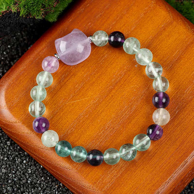 Buddha Stones Braccialetto con perline di agata blu e quarzo trasparente con grazioso design a forma di gatto - Fluorite arcobaleno (circonferenza del polso 15-16 cm) - image 20