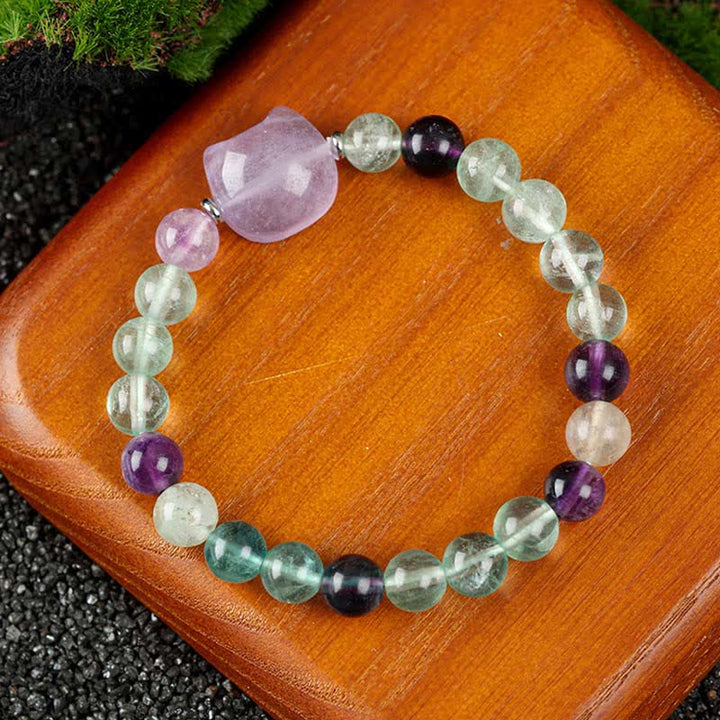 Buddha Stones Braccialetto con perline di agata blu e quarzo trasparente con grazioso design a forma di gatto - Fluorite arcobaleno (circonferenza del polso 15-16 cm) - image 20