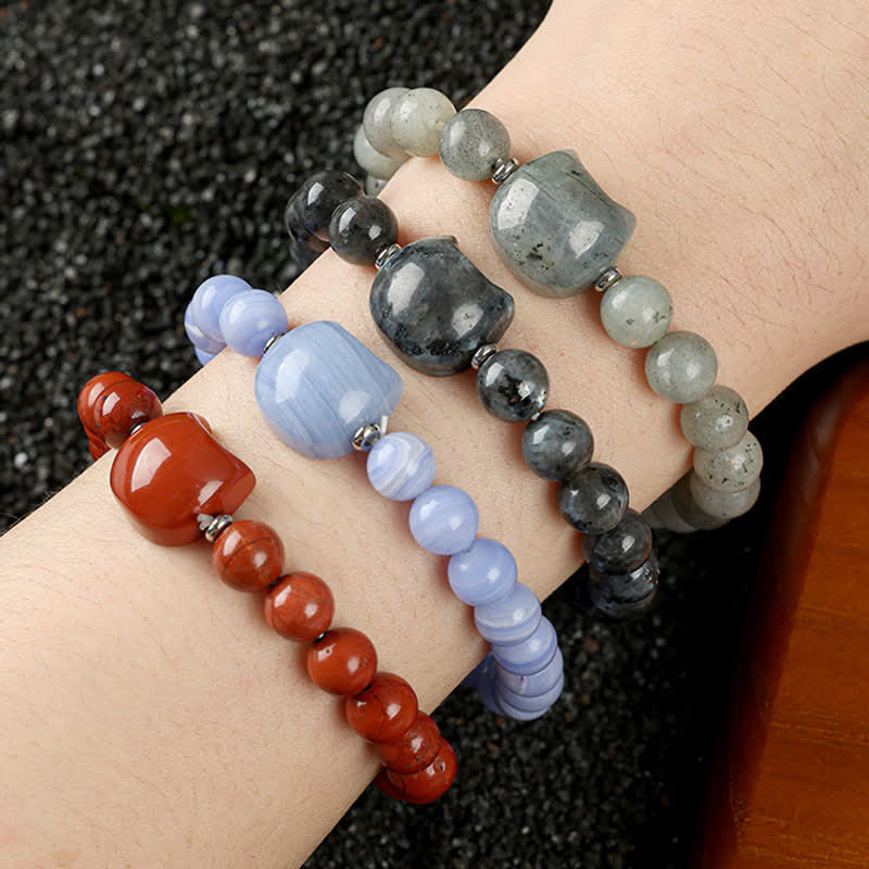 Buddha Stones Braccialetto con perline di agata blu e quarzo trasparente con grazioso design a forma di gatto - image 35
