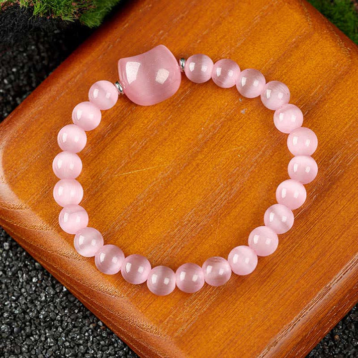 Buddha Stones Braccialetto con perline di agata blu e quarzo trasparente con grazioso design a forma di gatto - Occhio di gatto rosa (circonferenza del polso 15-16 cm) - image 18