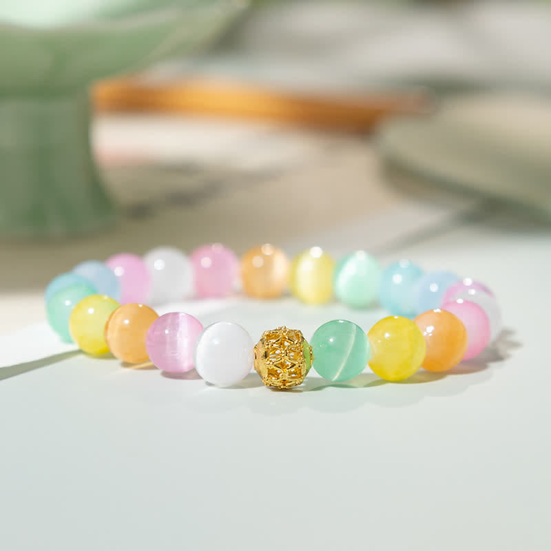 Buddha Stones Braccialetto positivo con perline rotonde a occhio di gatto multicolore dal design cavo - Occhio di gatto colorato (circonferenza del polso 15-16 cm) - image 0