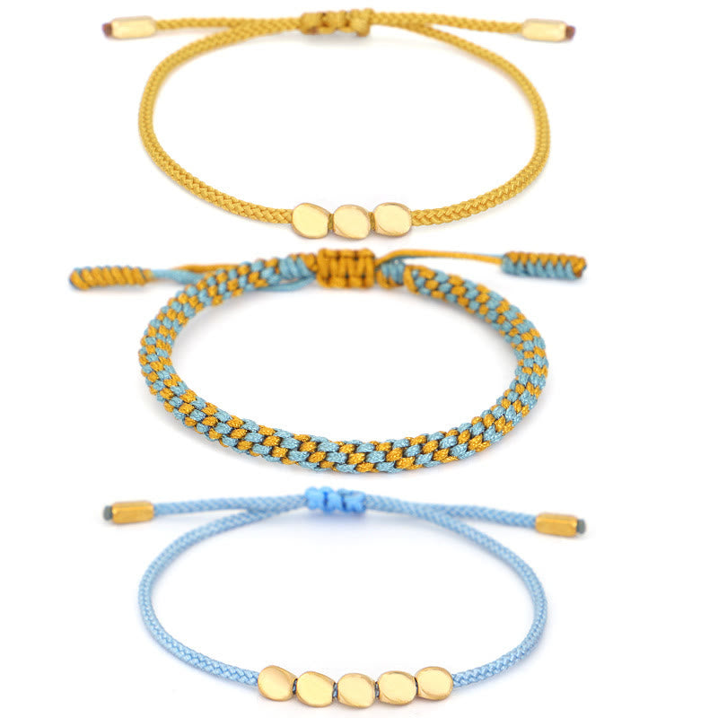Buddha Stones Braccialetto curativo con 3 perline blu, gialle e color rame dorato, con filo blu e giallo. - image 12