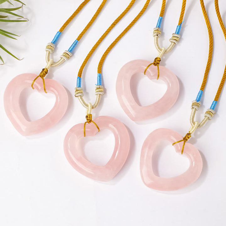 Buddha Stones Collana con ciondolo a forma di cuore cavo in quarzo rosa naturale. - image 3