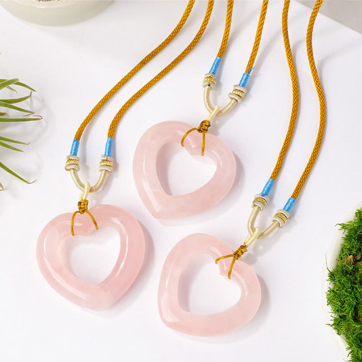 Buddha Stones Collana con ciondolo a forma di cuore cavo in quarzo rosa naturale. - image 4
