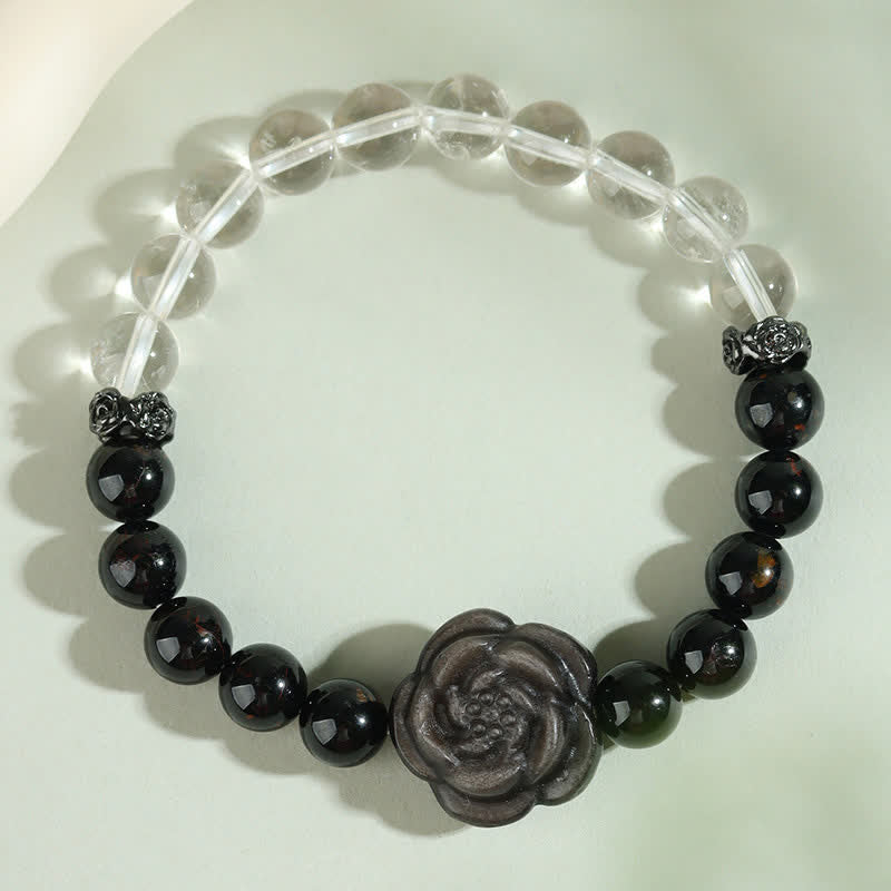 Buddha Stones Bracciale Focus con tormalina nera, quarzo trasparente e design a rosa intagliata. - image 1