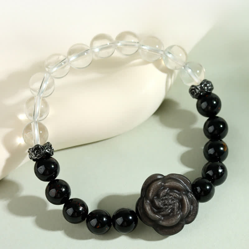 Buddha Stones Bracciale Focus con tormalina nera, quarzo trasparente e design a rosa intagliata. - Tormalina nera (circonferenza del polso 15-16 cm) - image 0