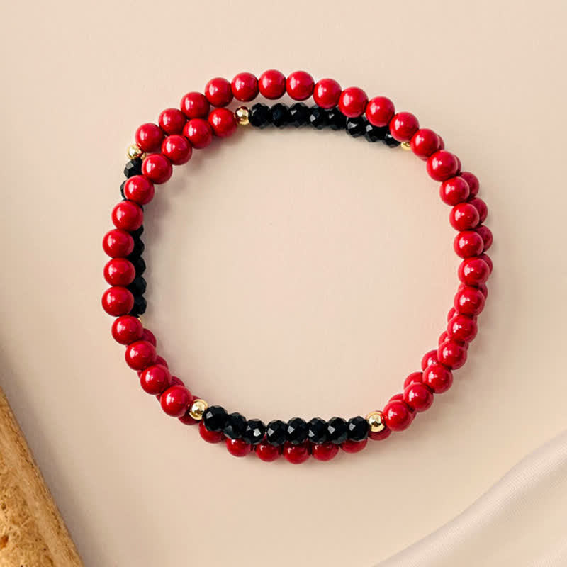 Buddha Stones Bracciale a doppio giro da 4 mm con tormalina nera e cinabro, portafortuna - Cinabro (circonferenza del polso 15-16 cm) - image 0