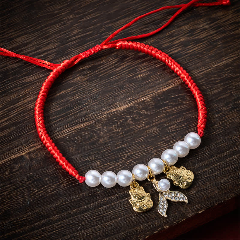 Buddha Stones Collare regolabile per gatti con coda di pesce intrecciata a perle rosse. - image 1