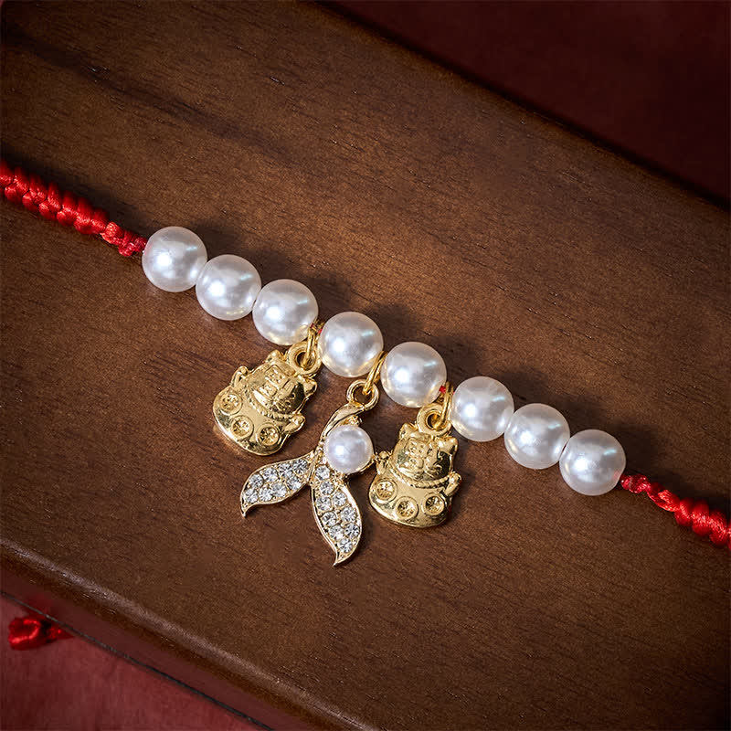 Buddha Stones Collare regolabile per gatti con coda di pesce intrecciata a perle rosse. - image 4