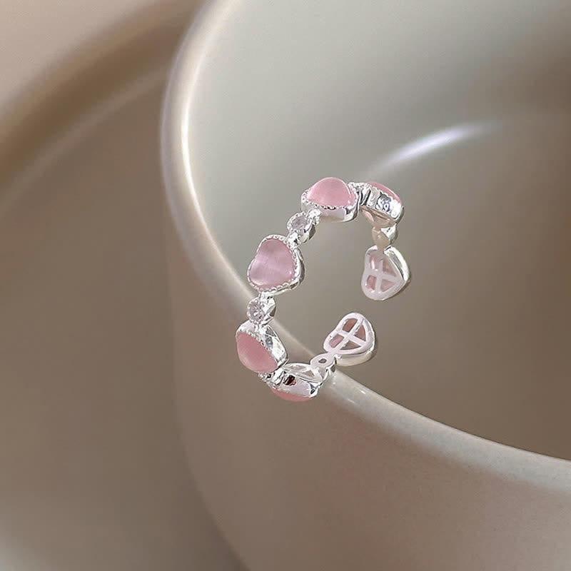 Buddha Stones Anello regolabile in argento sterling 925 con design a cuore e occhio di gatto rosa. - image 2