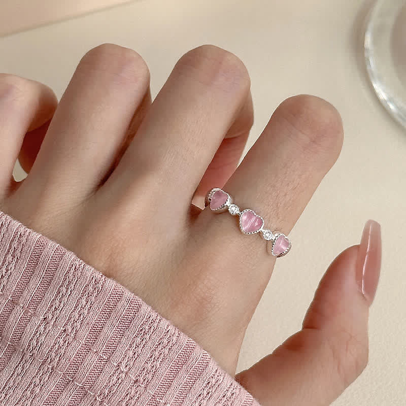 Buddha Stones Anello regolabile in argento sterling 925 con design a cuore e occhio di gatto rosa. - image 9