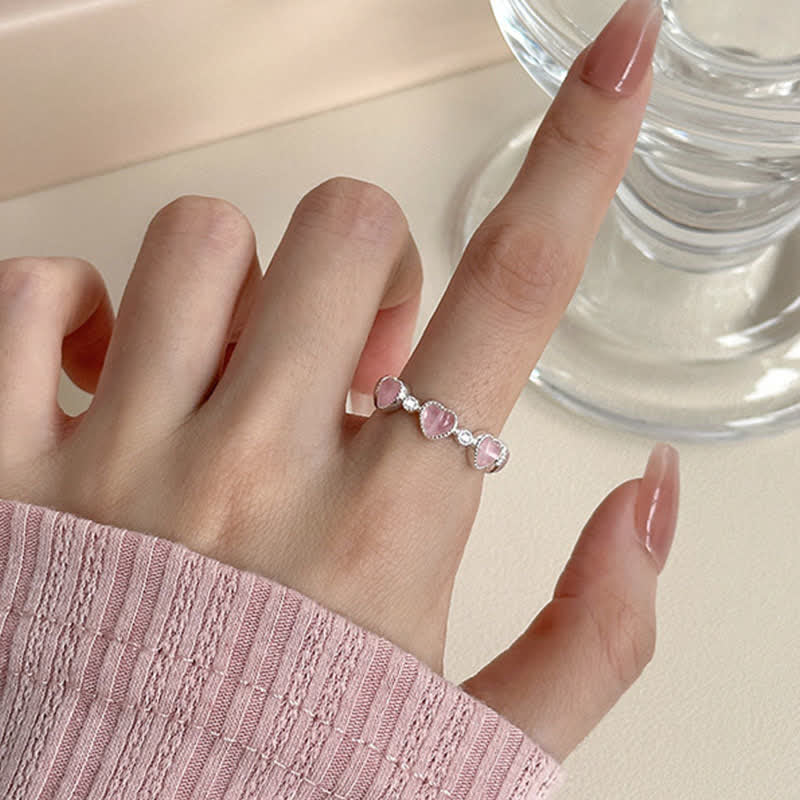 Buddha Stones Anello regolabile in argento sterling 925 con design a cuore e occhio di gatto rosa. - image 8