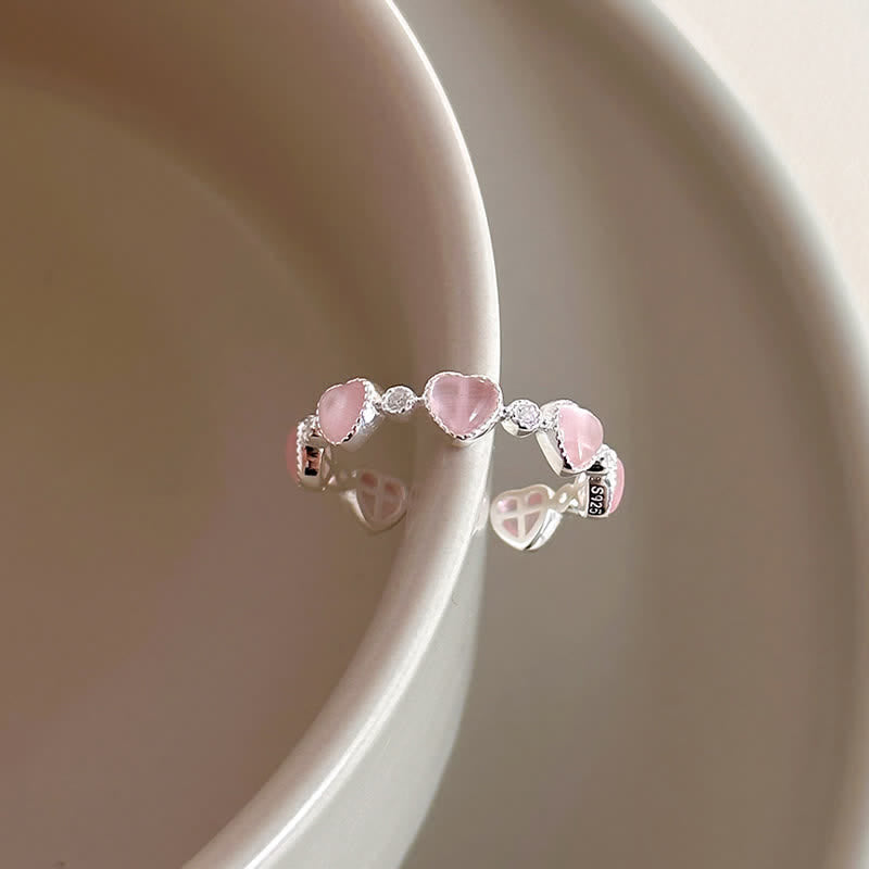 Buddha Stones Anello regolabile in argento sterling 925 con design a cuore e occhio di gatto rosa. - Occhio di gatto (Pace♥Supporto) - 17 mm (regolabile) - image 1